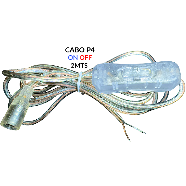 Cabo Rabicho Cristal 2MTS + Botão Liga Desliga + Plug P4 Fêmea 2,5mm Para LEDs 5v 12v 24v