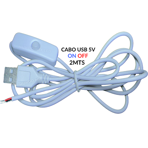 Cabo USB 5Volts 2MTS + Botão Liga Desliga 5Volts Para Neon Fitas LEDs 5v
