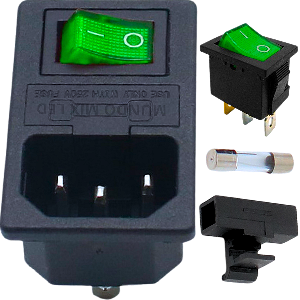 KIT 4IN-1 Tomada Força AS-03 Verde Tripular Macho + Chave Gangorra 3T + Porta Fusível + Fusível 5X20 10A AS03