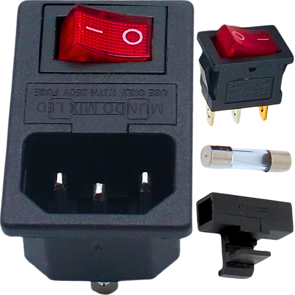 KIT 4IN-1 Tomada Força AS-03 Vermelho Tripular Macho + Chave Gangorra 3T + Porta Fusível + Fusível 5X20 10A AS03