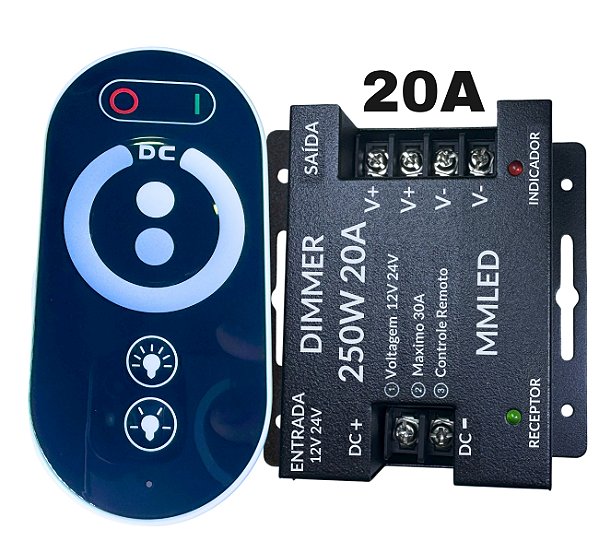 Controladora DIMMER TOUCH Screen 250W 20A 12V 24V Comando Analógico P/ Fita LEDs de Cor única