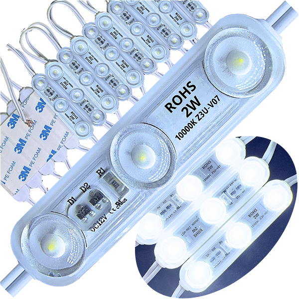 Módulo LED 7370 2W Branco Frio 10.000k 3-LEDs SUPER PREMIUM Injetado Coreano IP68 7cm 12V Com Lente 180º