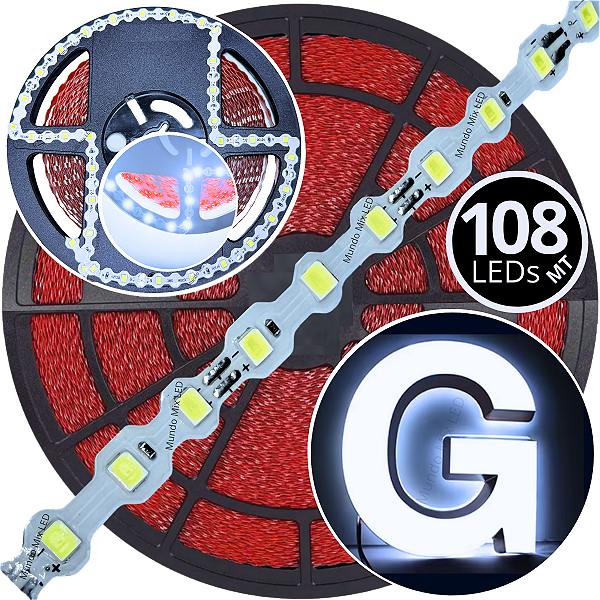 Ultra Fita LED Maleável 108-LEDs 6,48W /MT 12V 8000k Branco FRIO ZIG ZAG 6,5mm IP67 S A Prova Dagua Curvas 90º 6,5Watts 108LEDs