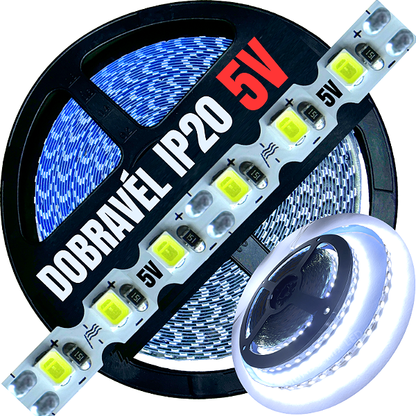 Fita LED 5Volts 6mm 9W 120LED 5V MT Branco Frio 8.000k Zig Zag Faz Dobrável Faz Curvas 90º