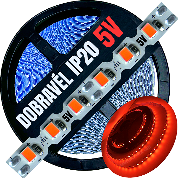 Fita LED 5Volts 6mm 9W 120LED 5V MT Vermelho Zig Zag Faz Dobrável Faz Curvas 90º