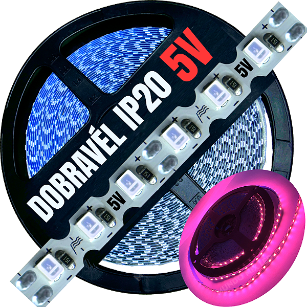 Fita LED 5Volts 6mm 9W 120LED 5V MT Rosa Pink Zig Zag Faz Dobrável Faz Curvas 90º