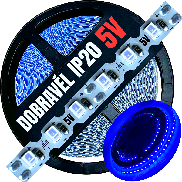 Fita LED 5Volts 6mm 9W 120LED 5V MT Azul Royal Zig Zag Faz Dobrável Faz Curvas 90º