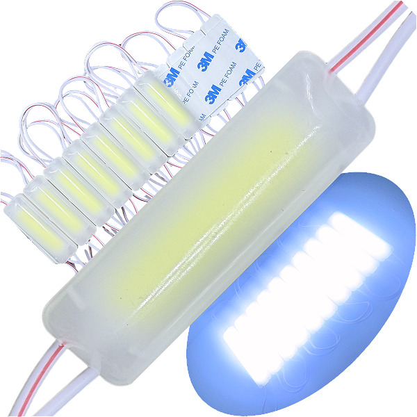 Módulo LED COB 50x16mm 1,5W 12V Branco Frio 6500K 6-LEDs 180º IP67 12Volts P/ Letras Caixas