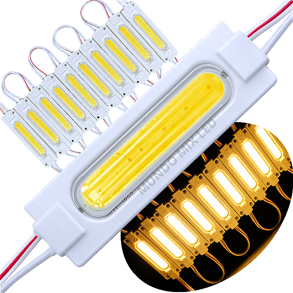 Módulo LED COB 7050 2W 12V Branco Quente 3000K 6-LEDs Lente 180º IP67 12Volts injetado P/ Letras Caixas Letreiros