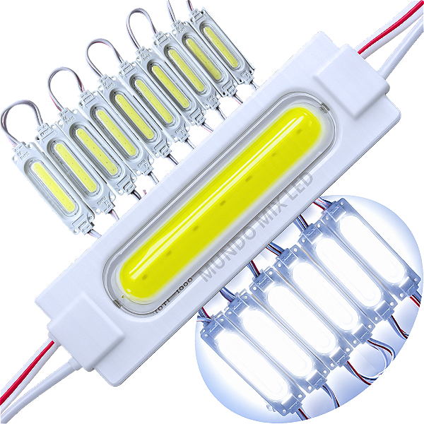 Módulo LED COB 7050 2W 12V Branco Frio 7000K 6-LEDs Lente 180º IP67 12Volts injetado P/ Letras Caixas Letreiros