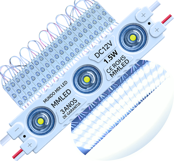 Módulo LED 7030 1,5W 3-LEDs COREANO IP68 Branco FRIO 6500k Premium 12V Com Lente 180º Injetado P/ Letras Caixas Caixas - 03 ANOS DE GARANTIA