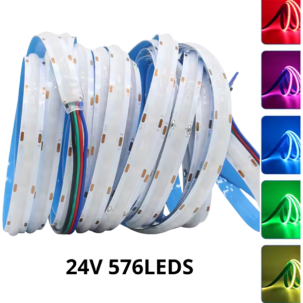 Fita LED RGB COB 24V Analógica 576LEDs 4F IP20 19W /MT 24V Alto Brilho RGB P/ Perfil Sanca 24Volts