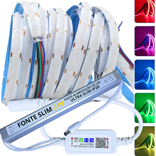 Fita LED RGB COB 24V Analógica 576LEDs 4F IP20 15W /MT 24V + FONTE SLIM 24Volts 110v/220v + CONTROLADOR BLUETOOTH APP Alto Brilho RGB P/ Perfil Sanca 24Volts