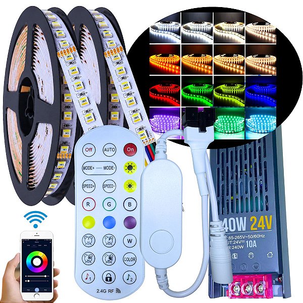 KIT 10MTS Fita LED RGBW+WW 24V Analógica 180LEDs 19W /MT IP20 + Fonte SLIM 24Volts + CONTROLADOR BLUETOOTH APP Alto Brilho P/ Perfil Sanca 24Volts