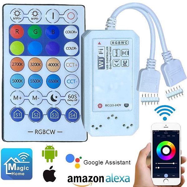 Controlador RGBW+WW WIFI 6T MUSICAL 01 Plug C/ MIC. APP MAGIC HOME Inteligente Google Alexa P/ LEDS Analógico 144W 12V-24V