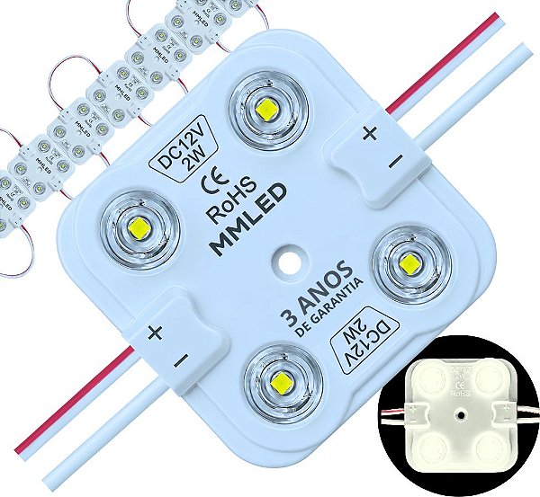 Módulo LED 7030 2W 4-LEDs COREANO IP68 Branco Puro 6000k Premium 12V Com Lente 180º Injetado P/ Letras Caixas Caixas - 03 ANOS DE GARANTIA 4LED