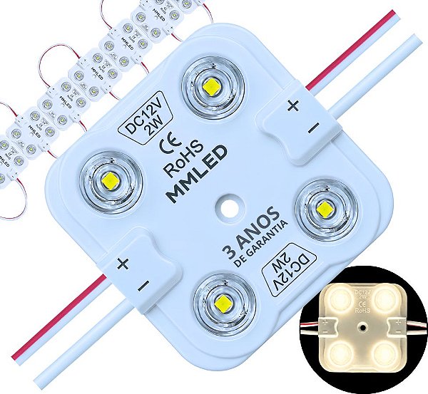 Módulo LED 7030 2W 4-LEDs COREANO IP68 Branco Morno 4000k Premium 12V Com Lente 180º Injetado P/ Letras Caixas Caixas - 03 ANOS DE GARANTIA 4LED