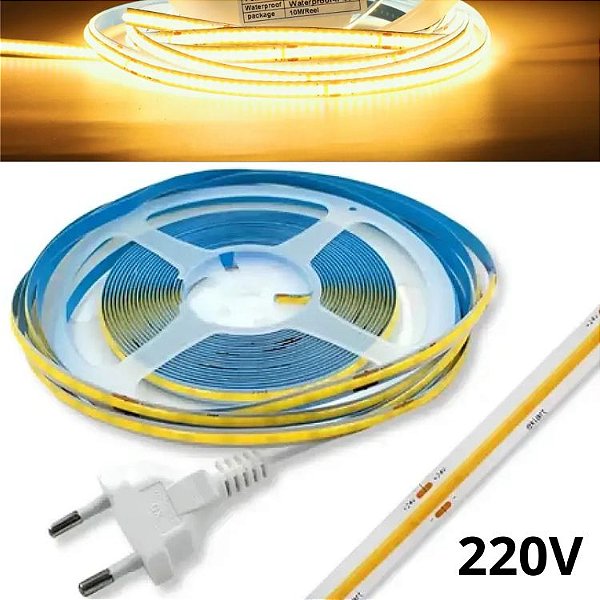 10 Metros Fita LED COB ( 220V ) 3000k Direto Na Rede Energia 150W 320LEDs Branco Quente 3.000k Para Perfil Sanca 227V