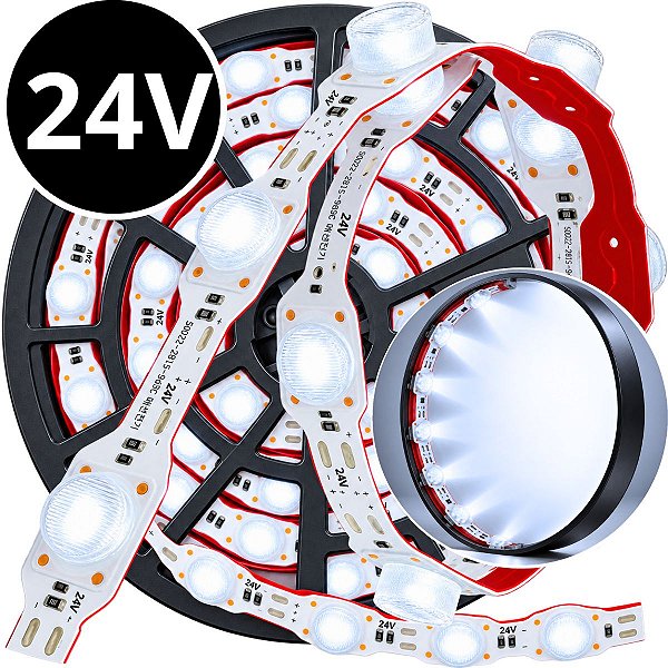 Fita LED Mega Lente CC18 Maleável 18LEDs ( 24V ) 28.8W /mt 22mm Branco Frio 10.000k C/ Lente 170º ZIG ZAG IP67 S A Prova Dagua Curvas 90º 3030 28.8Watts 18LEDs CC-18 10000k 24Volts
