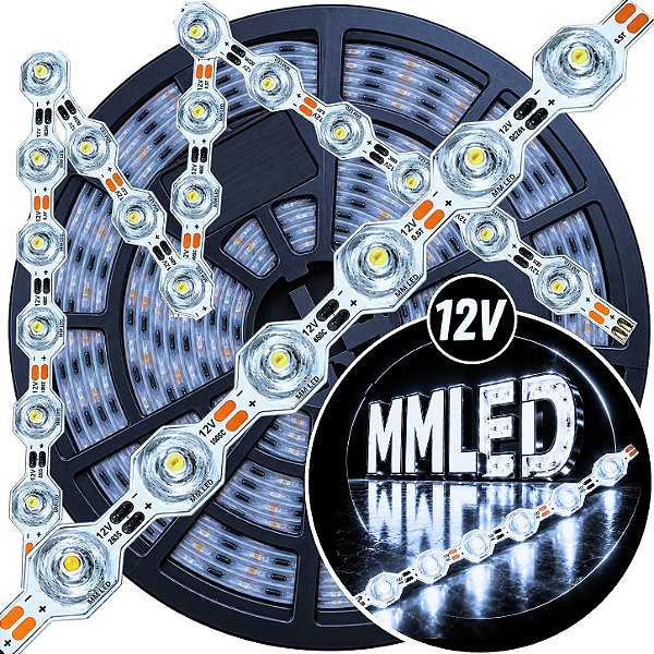 Fita LED CM48 3030s Maleável 48LEDs ( 12V ) 17W /mt 12mm Branco Frio 10.000k ZIG ZAG IP67 S A Prova Dagua Curvas 90º 17Watts 48LEDs 8000k 12Volts Iluminação Lateral 180°