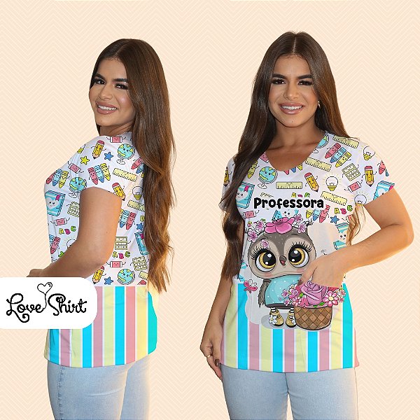 BATA COM BOLSO/SCRUB PROFISSÃO PROFESSORA CORUJA BARRA COLORIDA