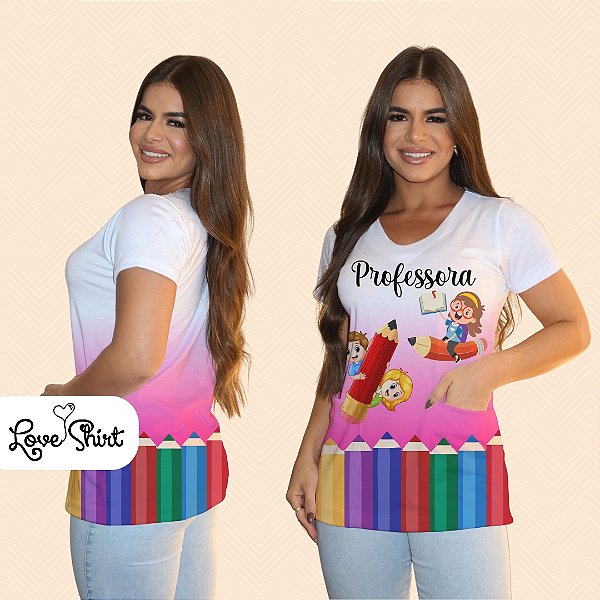 BATA COM BOLSO/SCRUB PROFISSÃO PROFESSORA LÁPIS DEGRADE ROSA