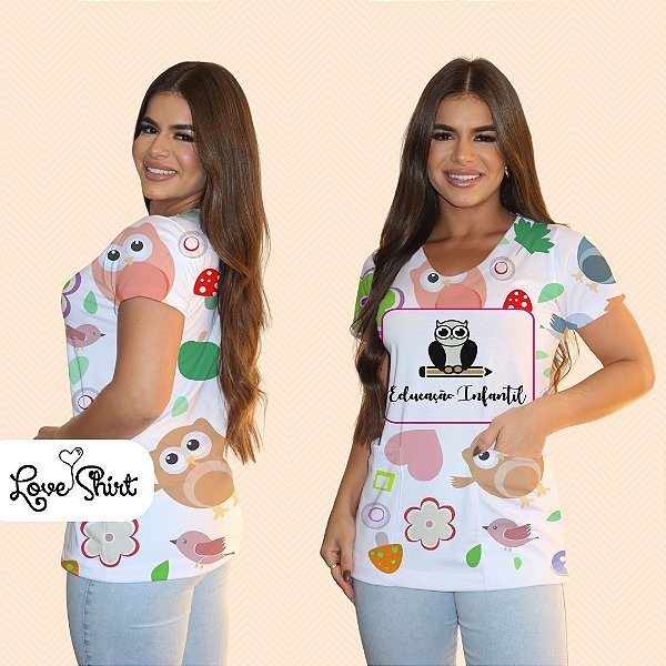 BATA COM BOLSO/SCRUB PROFISSÃO EDUCAÇÃO INFANTIL CORUJA VARIADA
