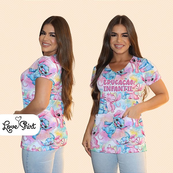 BATA COM BOLSO/SCRUB PROFISSÃO EDUCAÇÃO INFANTIL STITCH TOTAL AZUL ROSA