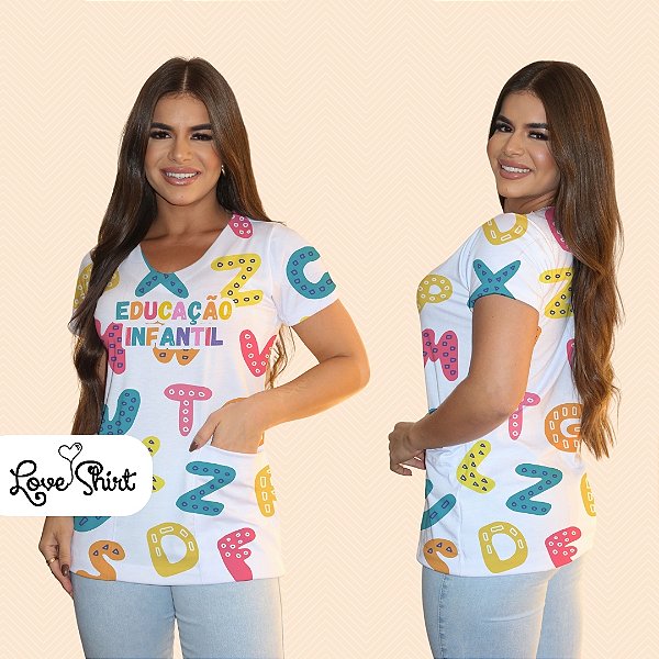 BATA COM BOLSO/SCRUB PROFISSÃO EDUCAÇÃO INFANTIL LETRAS COLORIDAS