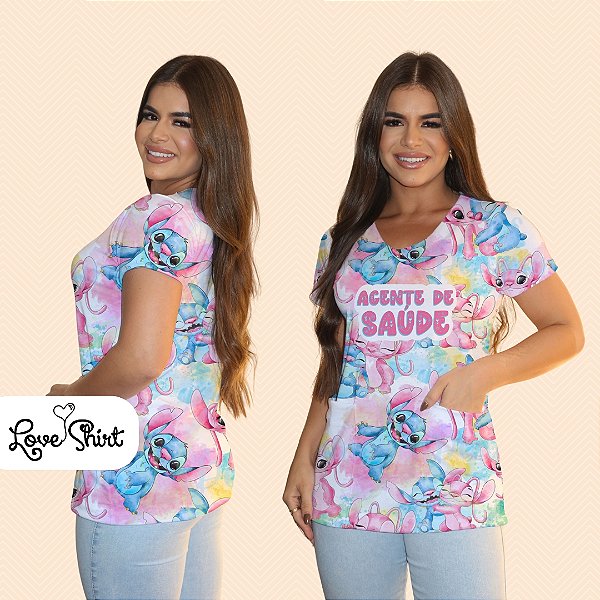 BATA COM BOLSO/SCRUB PROFISSÃO AGENTE DE SAÚDE STITCH AZUL E ROSA