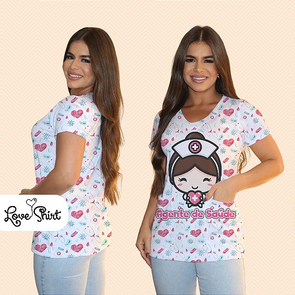 BATA COM BOLSO/SCRUB PROFISSÃO AGENTE DE SAÚDE BONECA CORAÇÕES ROSA