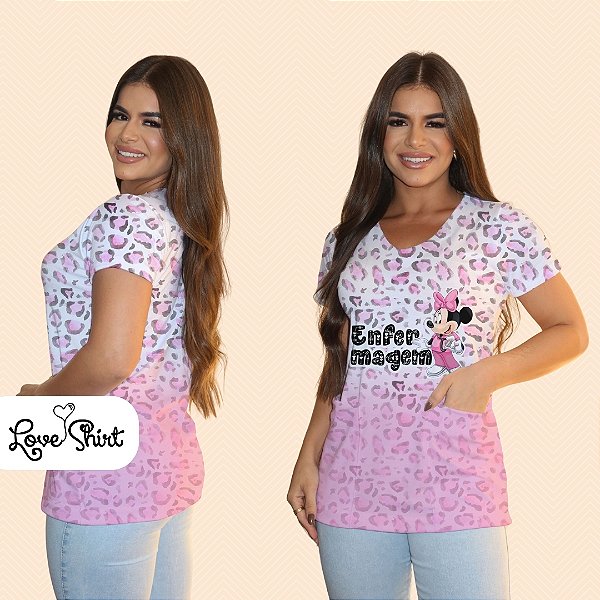 BATA COM BOLSO/SCRUB PROFISSÃO ENFERMAGEM ONCINHA DEGRADÊ ROSA MINNIE