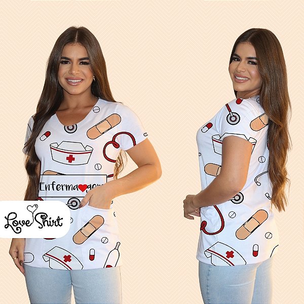 BATA COM BOLSO/SCRUB PROFISSÃO ENFERMAGEM FUNDO VARIADO