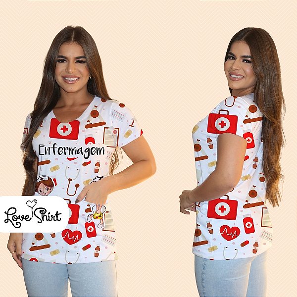 BATA COM BOLSO/SCRUB PROFISSÃO ENFERMAGEM FUNDO VERMELHO VARIADO
