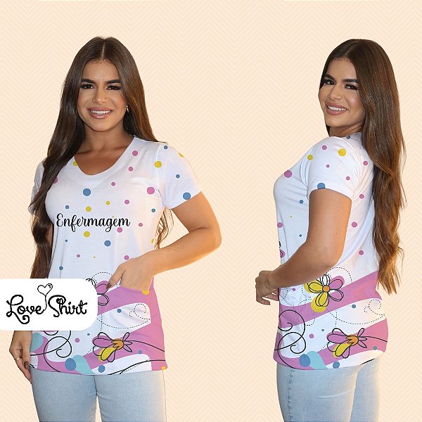 BATA COM BOLSO/SCRUB PROFISSÃO ENFERMAGEM VARIADA BARRA ROSA COM FLORES