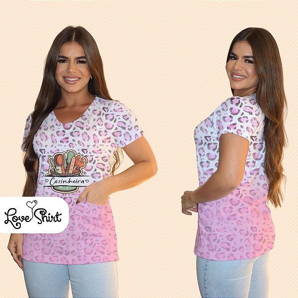BATA COM BOLSO/SCRUB PROFISSÃO COZINHEIRA FUNDO ONÇA DEGRADÊ ROSA