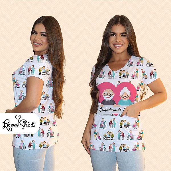 BATA COM BOLSO/SCRUB PROFISSÃO CUIDADORA CORAÇÃO FUNDO VARIADO