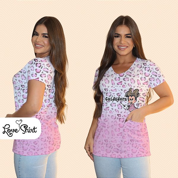 BATA COM BOLSO/SCRUB PROFISSÃO CUIDADORA ONÇA DEGRADÊ ROSA MINNIE