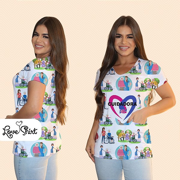 BATA COM BOLSO/SCRUB PROFISSÃO CUIDADORA CORAÇÃO ROSA E AZUL FUNDO VARIADO