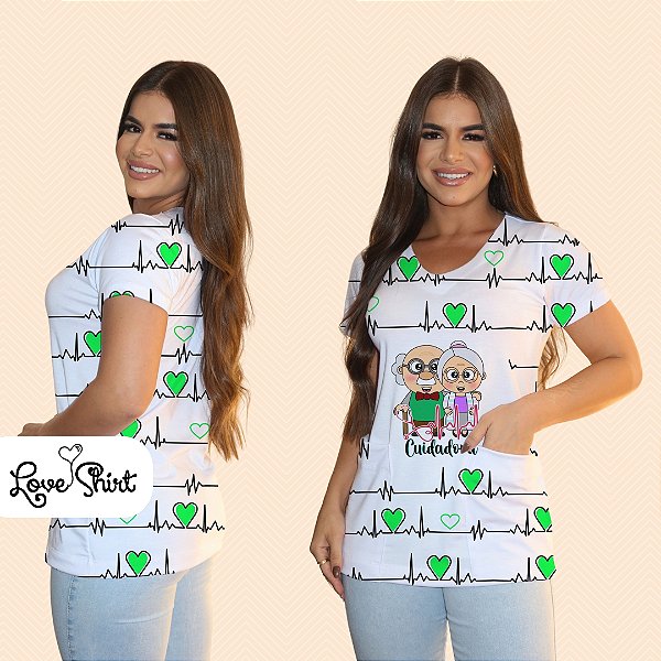 BATA COM BOLSO/SCRUB PROFISSÃO CUIDADORA FUNDO BATIMENTOS E CORAÇÃO VERDE