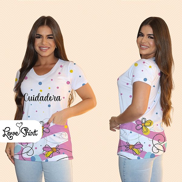 BATA COM BOLSO/SCRUB PROFISSÃO CUIDADORA BARRA ROSA COM FLORES