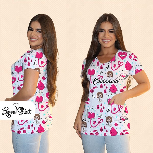 BATA COM BOLSO/SCRUB PROFISSÃO CUIDADORA FUNDO VARIADO ROSA