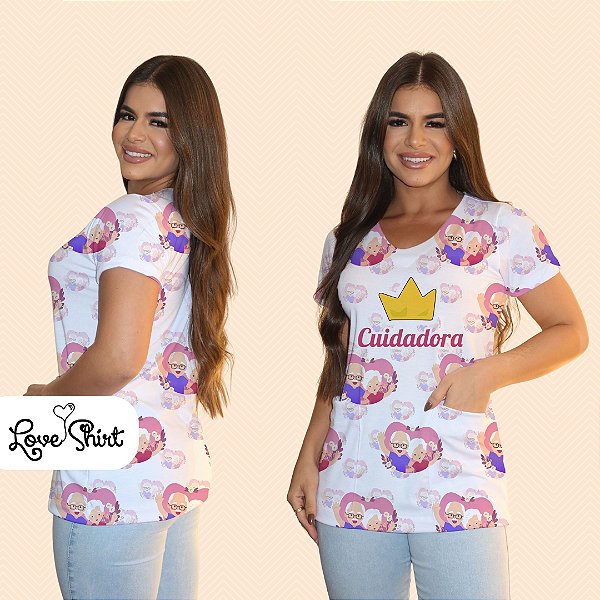 BATA COM BOLSO/SCRUB PROFISSÃO CUIDADORA FUNDO CORAÇÃO IDOSOS