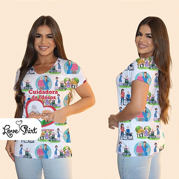 BATA COM BOLSO/SCRUB PROFISSÃO CUIDADORA DE IDOSOS CORAÇÃO FUNDO VARIADO