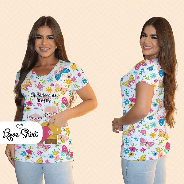 BATA COM BOLSO/SCRUB PROFISSÃO CUIDADORA DE IDOSOS FUNDO VARIADO