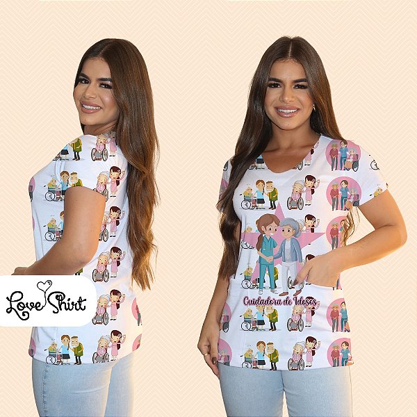 BATA COM BOLSO/SCRUB PROFISSÃO CUIDADORA DE IDOSOS FUNDO VARIADO 2