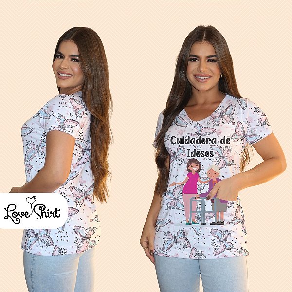 BATA COM BOLSO/SCRUB PROFISSÃO CUIDADORA DE IDOSOS FUNDO BORBOLETAS
