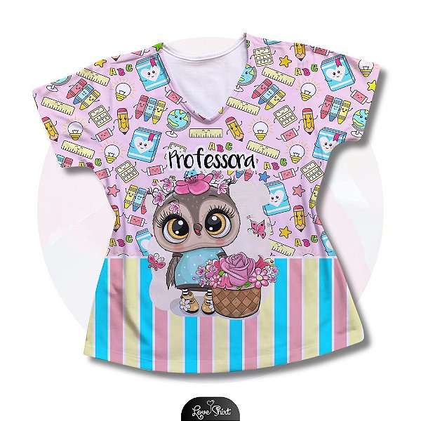 T-SHIRT PROFISSÃO PROFESSORA CORUJA BARRA COLORIDA 2