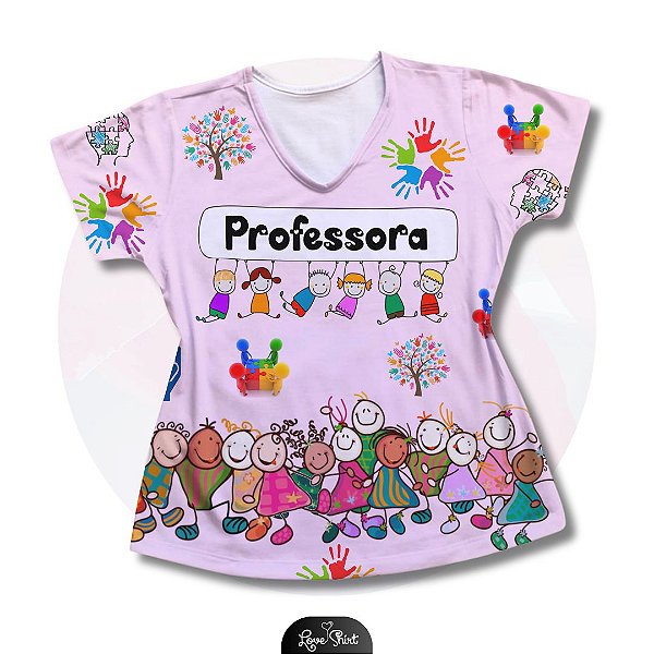 T-SHIRT PROFISSÃO PROFESSORA BARRA BONECOS FUNDO ROSA