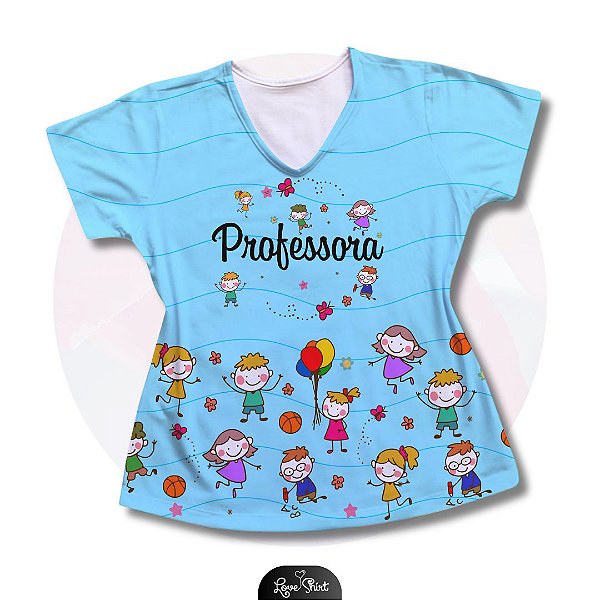T-SHIRT PROFISSÃO PROFESSORA CRIANÇAS BARRA FUNDO AZUL